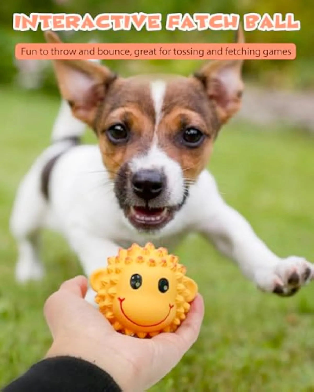 Orange and yellow spiky latex squeaky dog toy shaped like an animal, shown next to a tennis ball for size comparison.