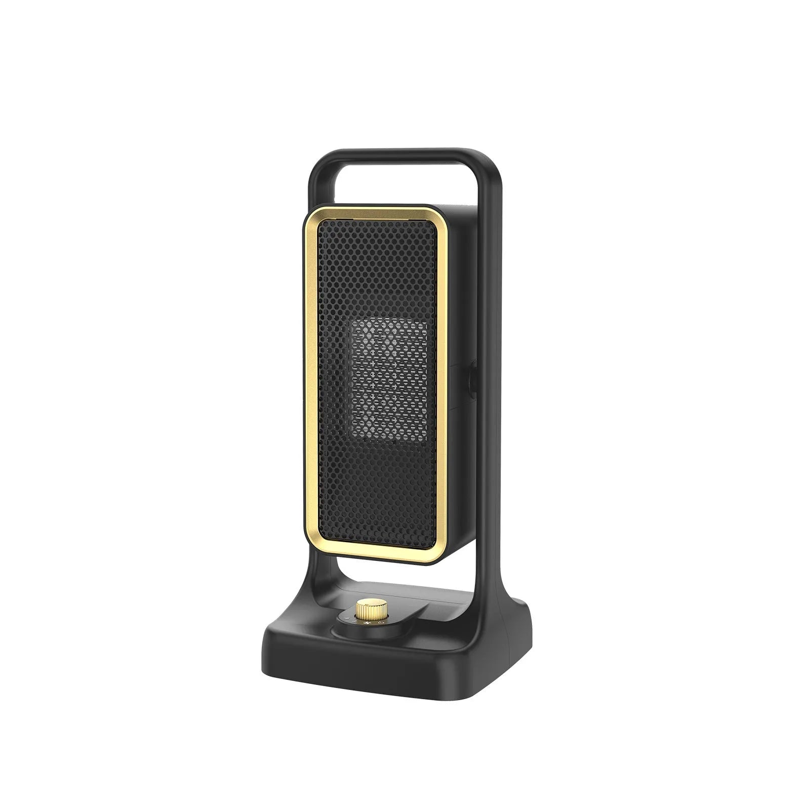Black compact PTC ceramic desktop air heater with control knob on a wooden desk.