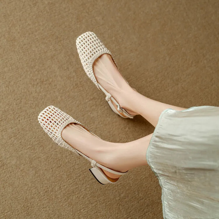 Women's woven hollow-out closed toe sandals with chunky 4cm heel and belt buckle fastening in black