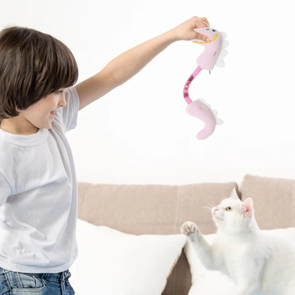 Four cat toys: chew toy, catnip rope, springs, and kicker toy in pink, purple, or yellow colours, each 23cm by 6cm.