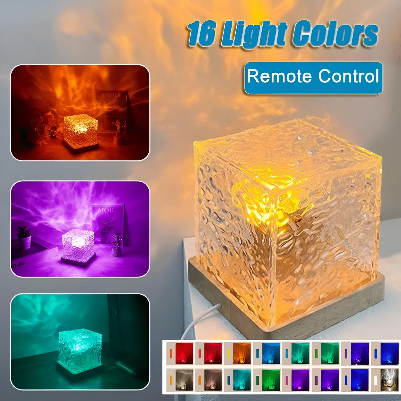 Modern geometric crystal table lamp projecting colourful water ripple light effect on wall.