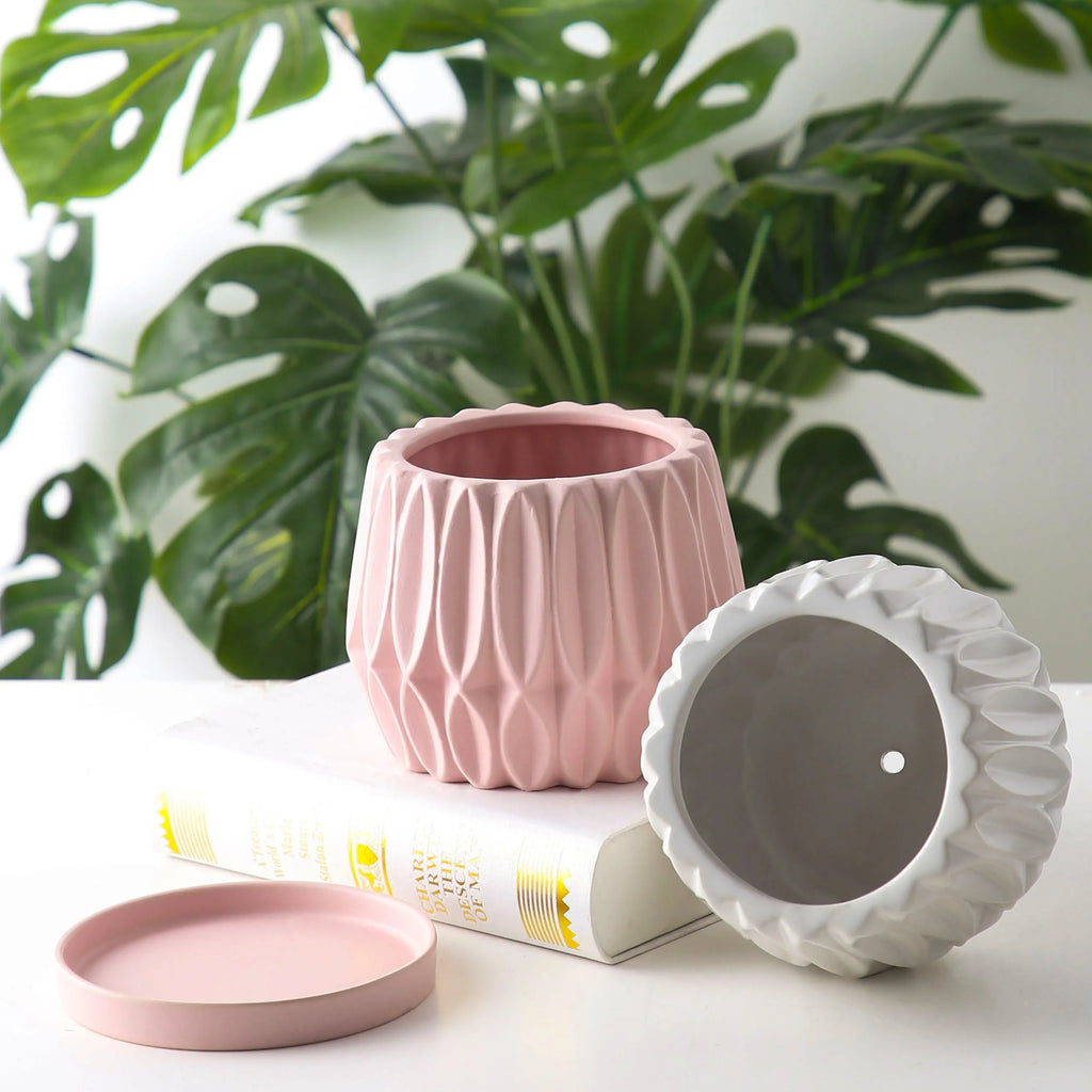 Grey ceramic desktop flowerpot for indoor plants on tabletop
