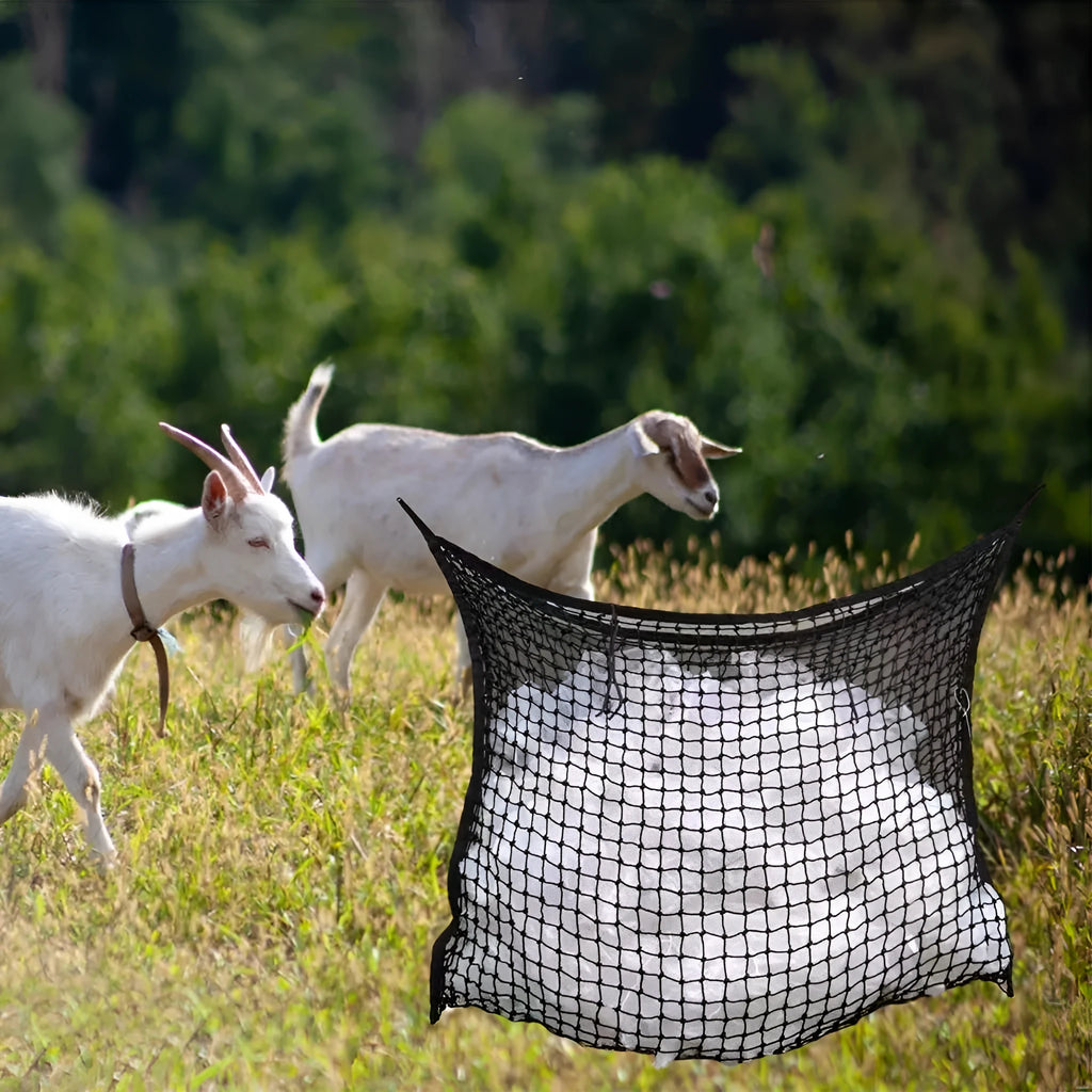 Woven grid hanging feeding bag for horses and cattle in black or white colour options