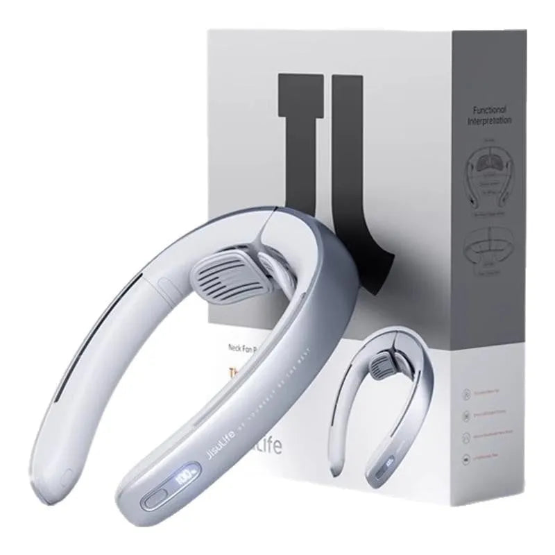 Silver grey portable neck fan with no-blade design and USB charging port