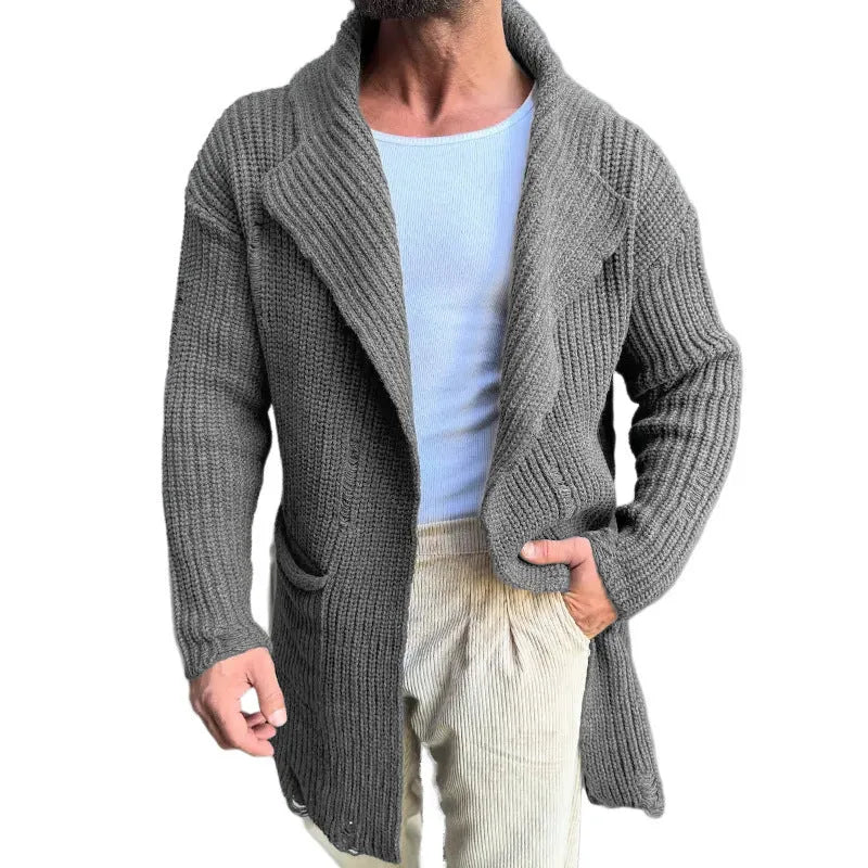 Long sleeve slim-fit mid-length knitted cardigan in army green with button front, on a model, front view