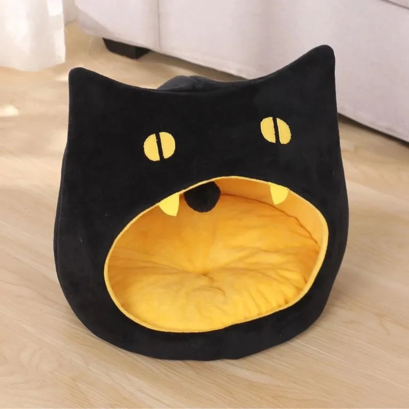 Cat-shaped covered pet bed with plush material and anti-slip bottom in two size options