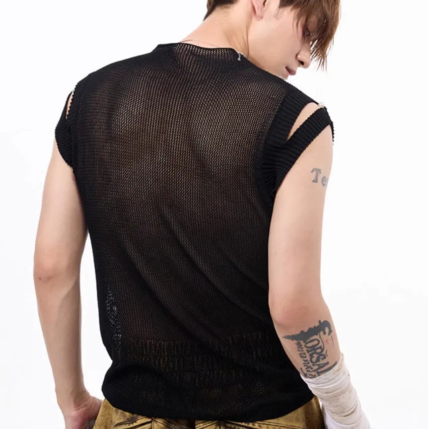 Dark hollow-out knitmesh sleeveless T-shirt with round collar, solid black colour, regular length