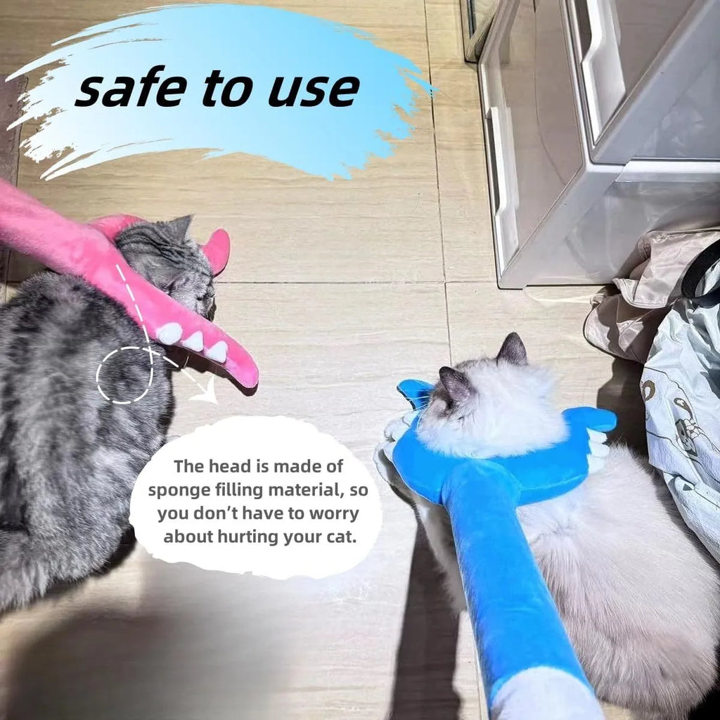 70cm plush cat wand toy in blue and pink colours for interactive indoor play