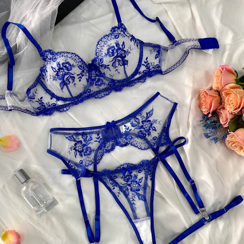 Women's embroidered underwear set with see-through lace panel and cutout design in three colour options