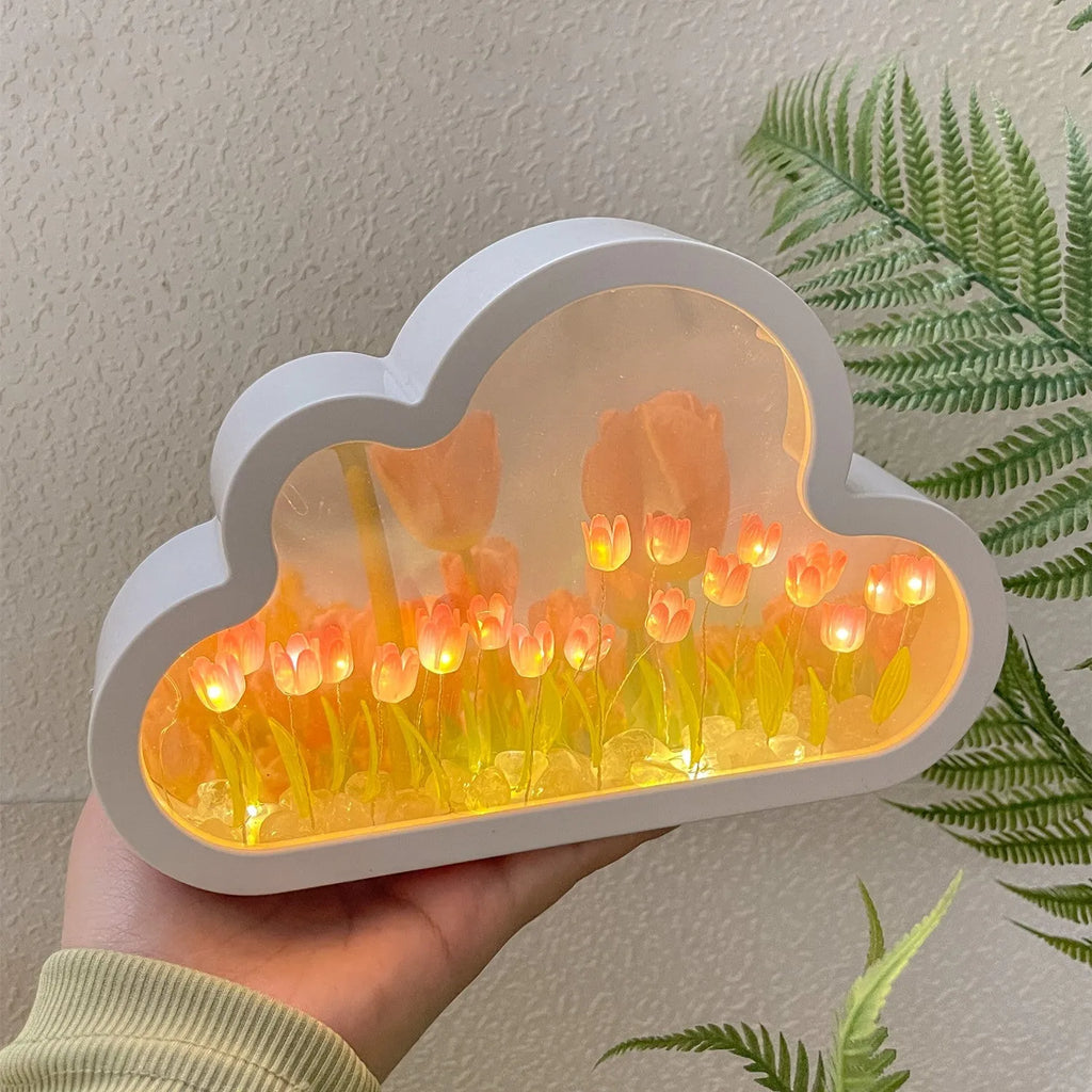 DIY tulip-shaped night lamp with LED light and decorative mirror in multiple colour options