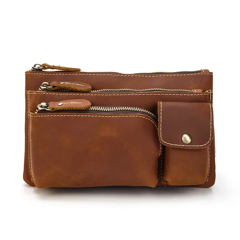 Men's first layer cowhide leather waist bag crossbody bag 24cm in dark brown with multiple zippered compartments