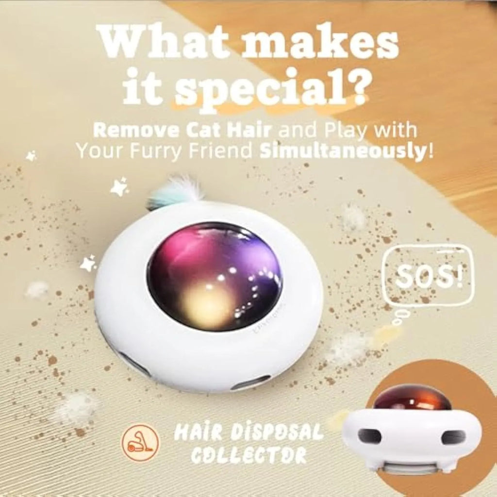 White automatic cat toy with colourful feathers and LED lights on cleaning ring mat