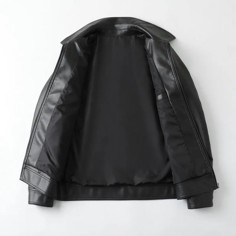 Men's black loose-fit casual PU leather jacket with zip pockets.