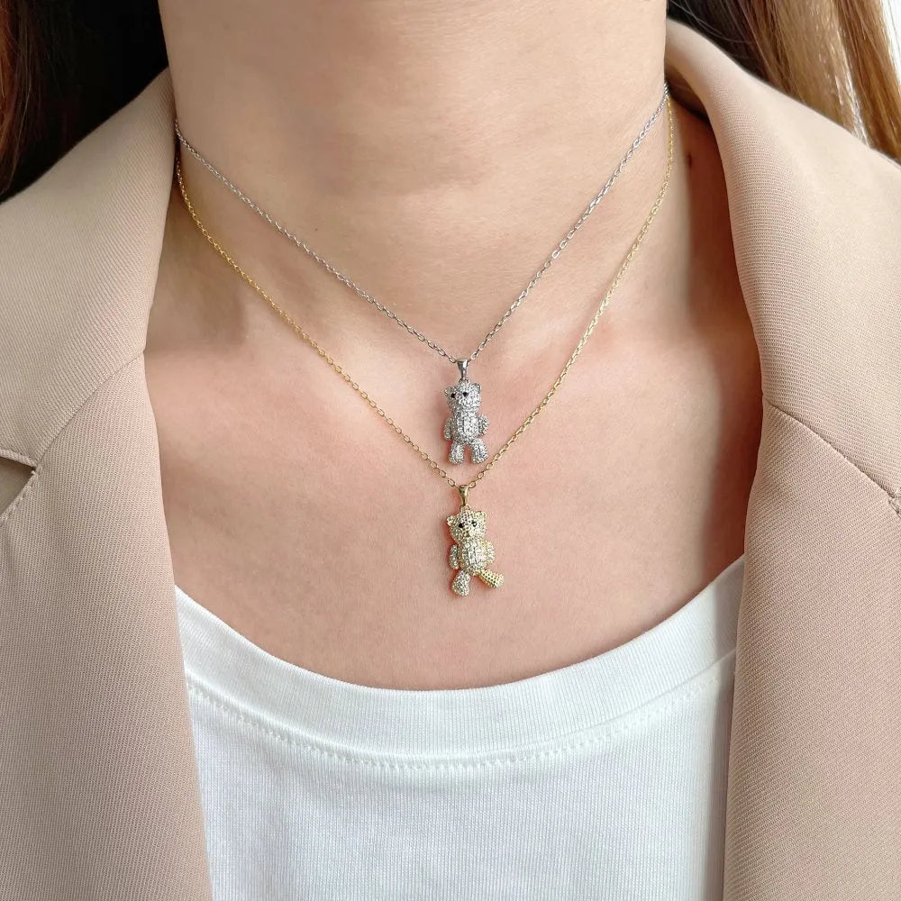 925 silver clavicle necklace with a cute geometric bear pendant in gold or white gold colour for women