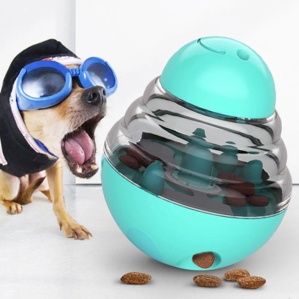 ABS and PC dog toy leaky food ball interactive treat dispenser slow feeder in lake blue with internal maze damper