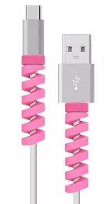 Plastic charging cable protector in various colours, shown next to a USB cable.