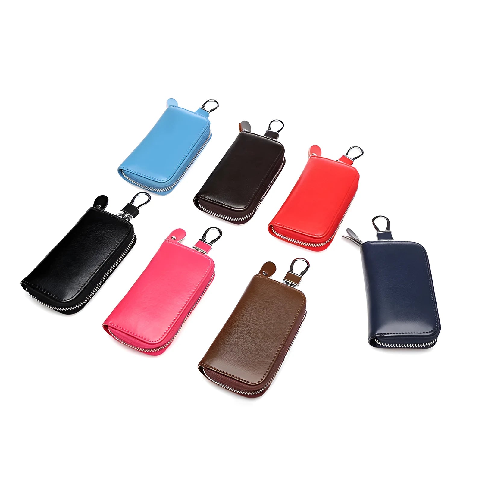 Men's genuine leather zipper multi-function car key holder in black, handmade cow split leather