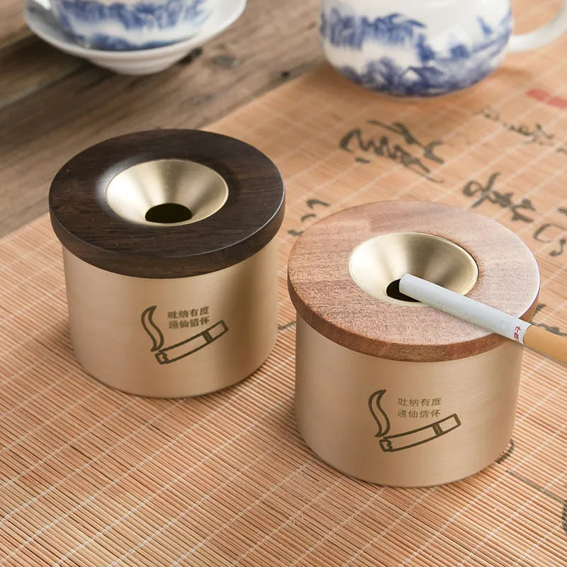 Creative retro copper ashtray with wooden lid in blackwood or rosewood option