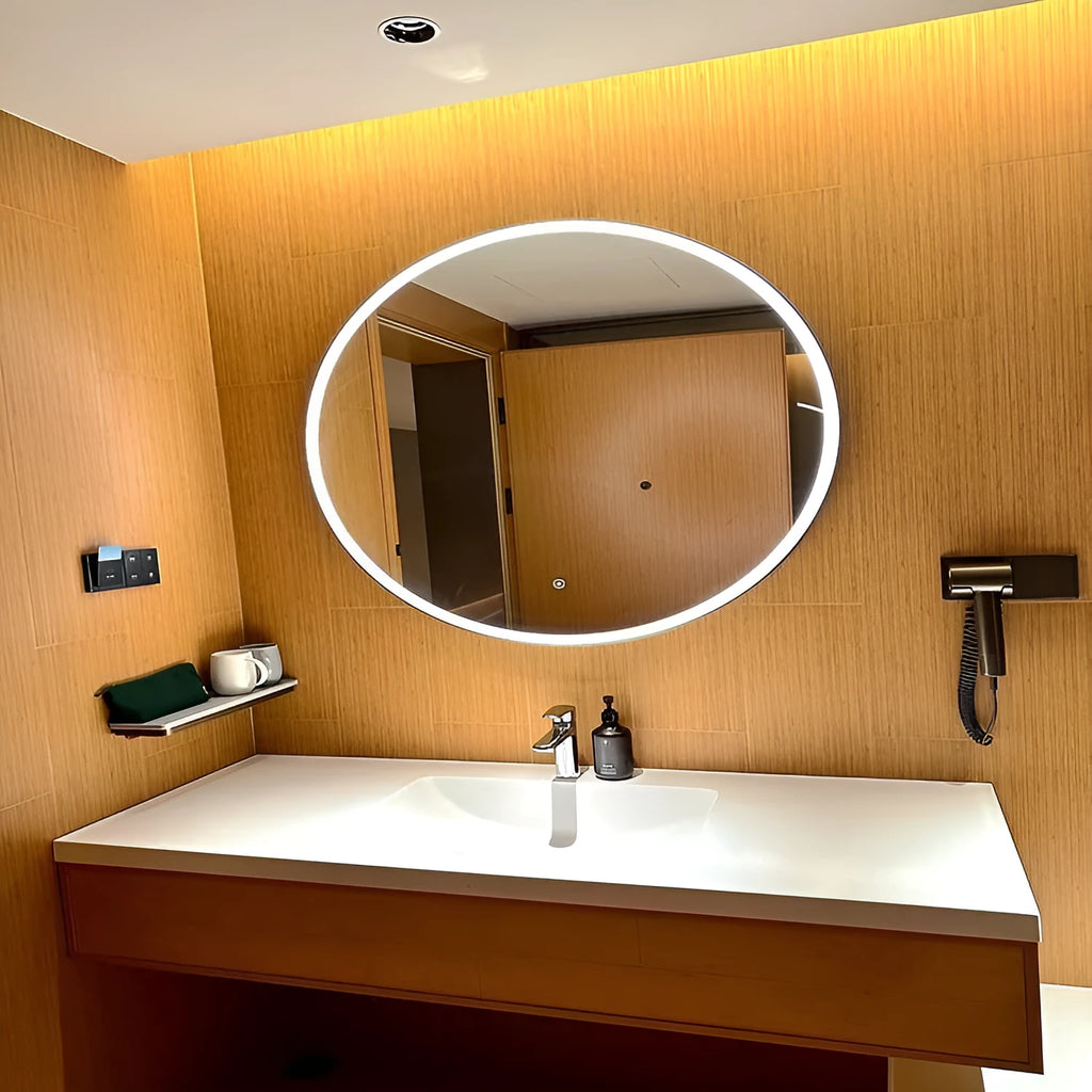 Round wall-mounted LED bathroom mirror with black aluminium alloy frame and touch control.