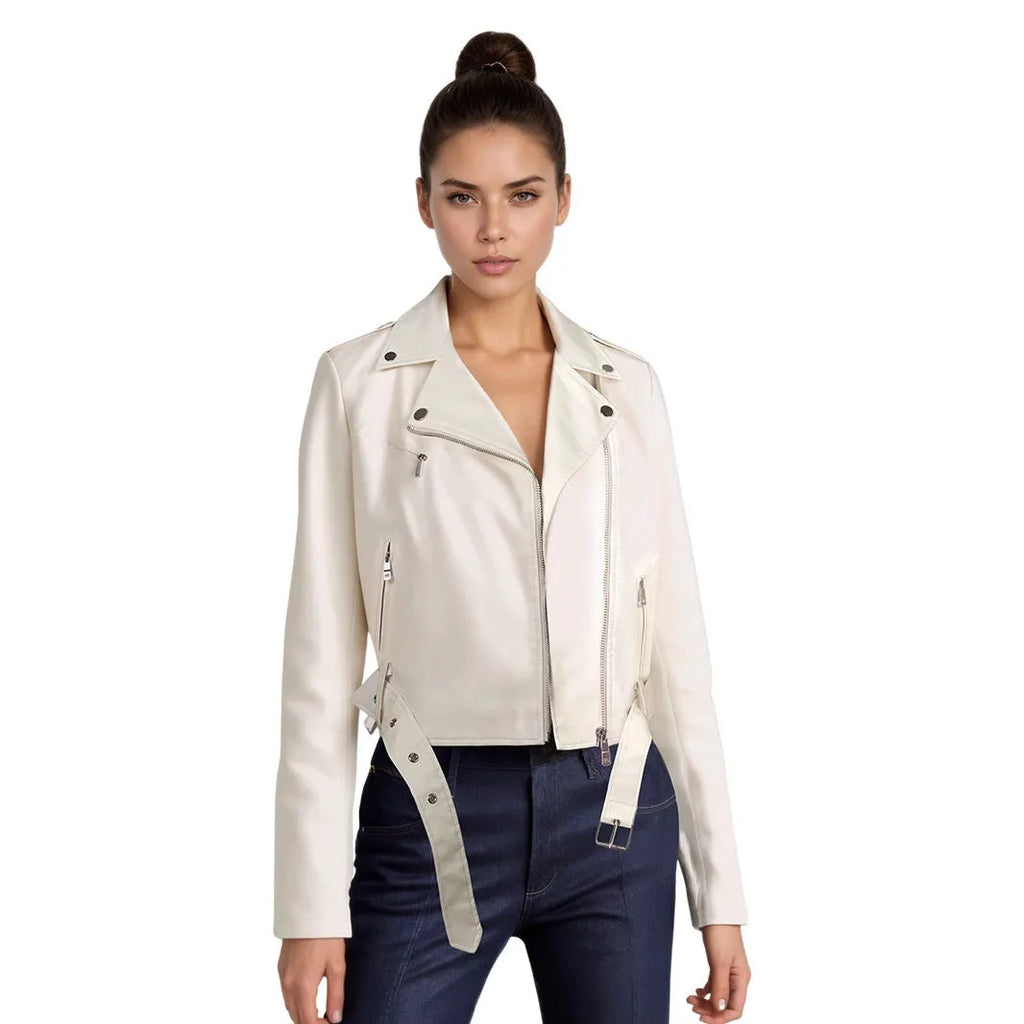 Women's red PU leather lapel jacket with an integrated short belt, shown on a model.