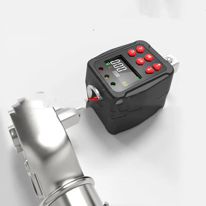 Digital torque meter with display screen and 1/2 inch drive square, metal construction.