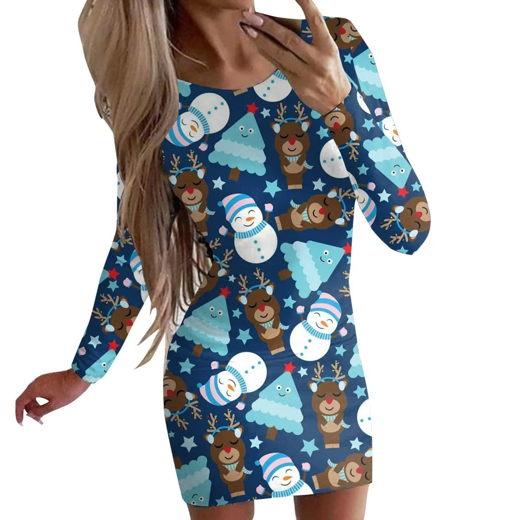 Women's red Christmas dress with animal print, long sleeves, round neck, and a short hip-length skirt.