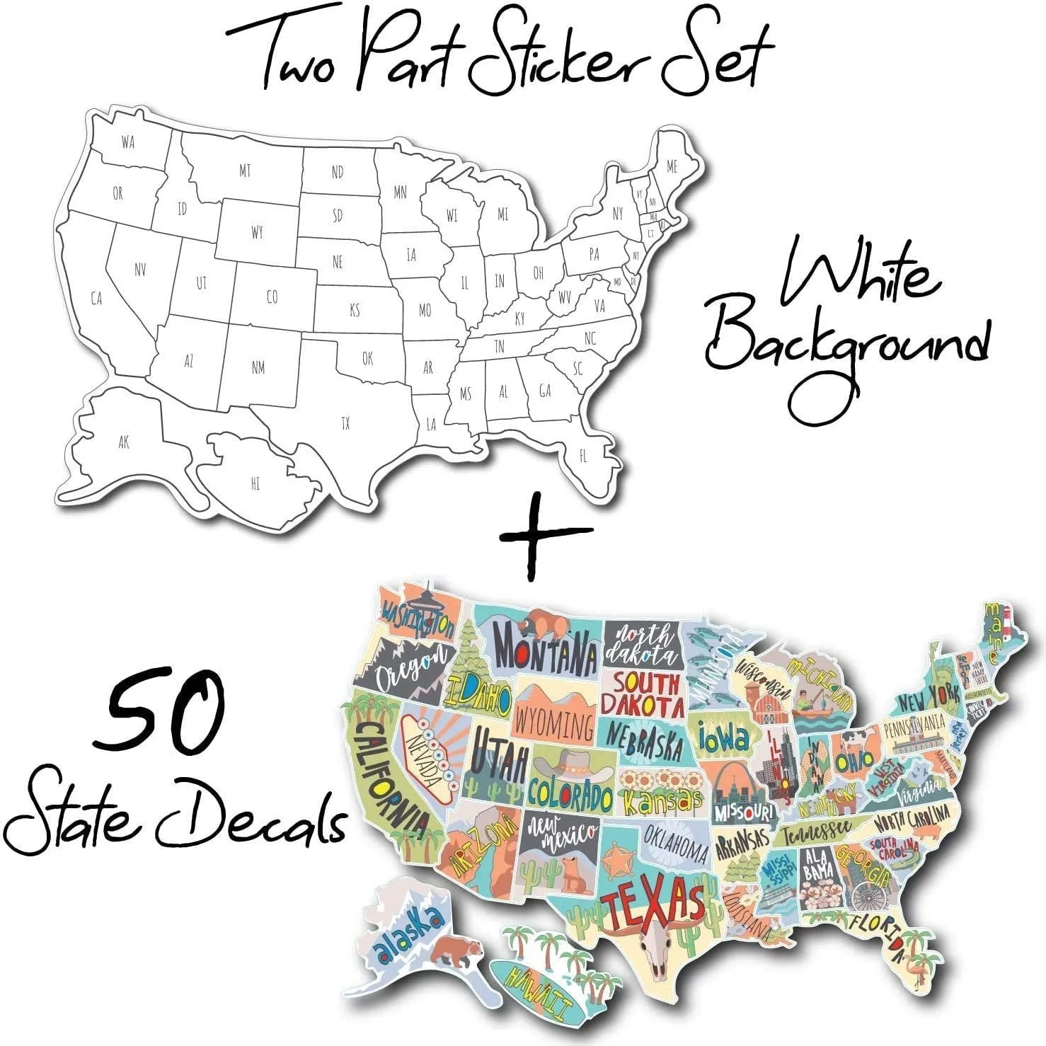Travel-themed vinyl sticker set showing letter stickers and a world map design on white backing paper.