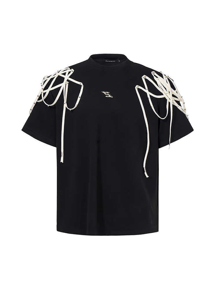 Black loose fit short-sleeve T-shirt with padded shoulders and decorative rivet ribbon detail on a hanger.
