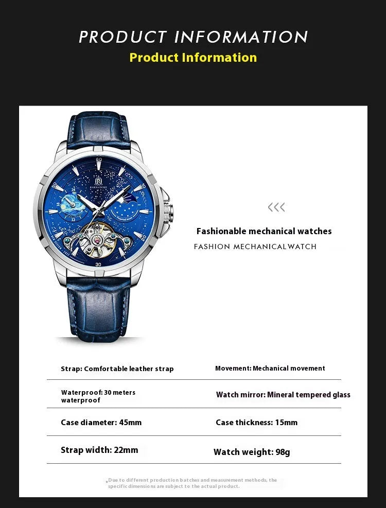 Men's T885B Blue automatic mechanical wristwatch with stainless steel case on wrist.
