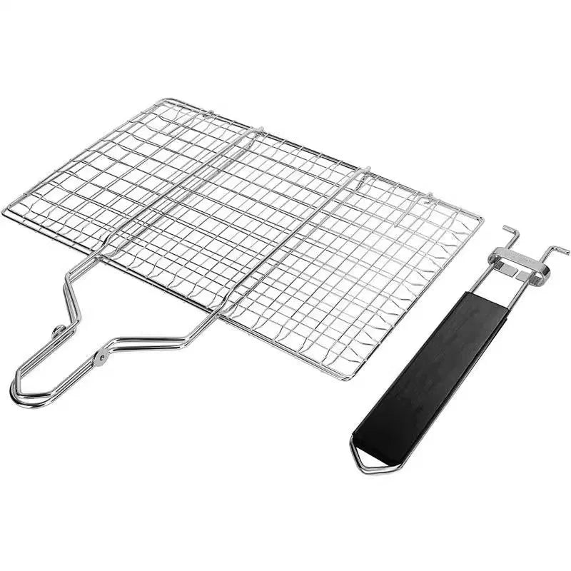 Square stainless steel folding barbecue mesh basket with a cleaning brush on a grill