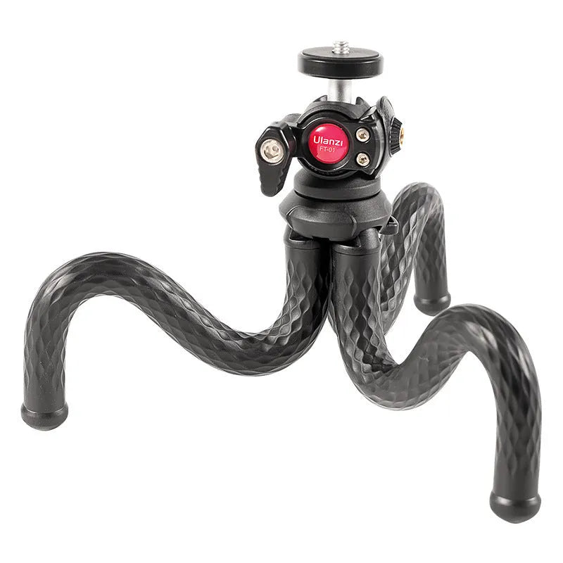 Black FT01 octopus tripod with flexible legs and a silver mobile phone clip attached, extended to 360mm.