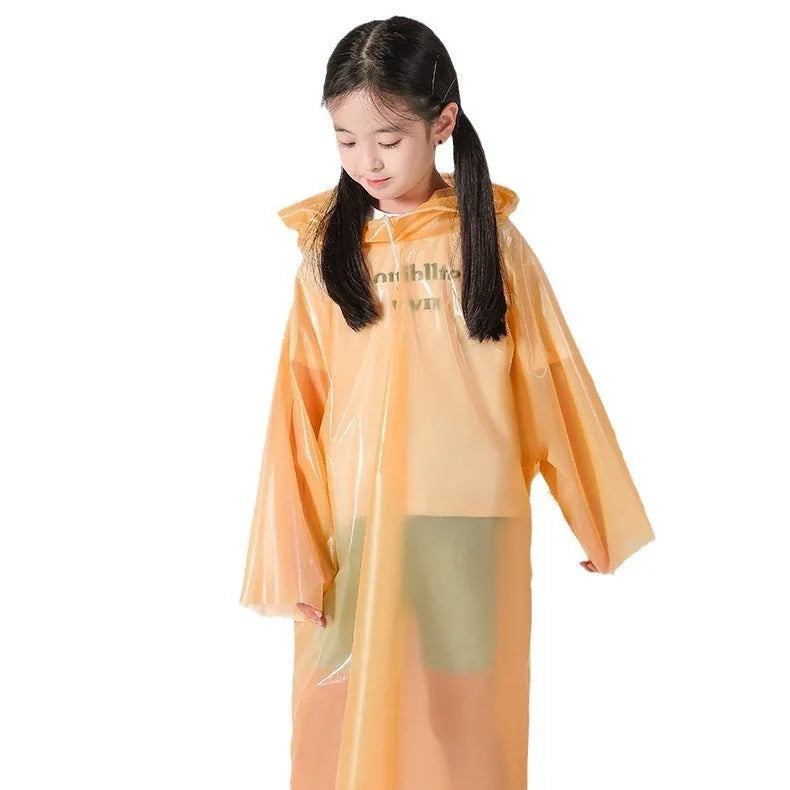 Children's disposable long raincoat poncho in blue, yellow, orange, pink, green and white colours.