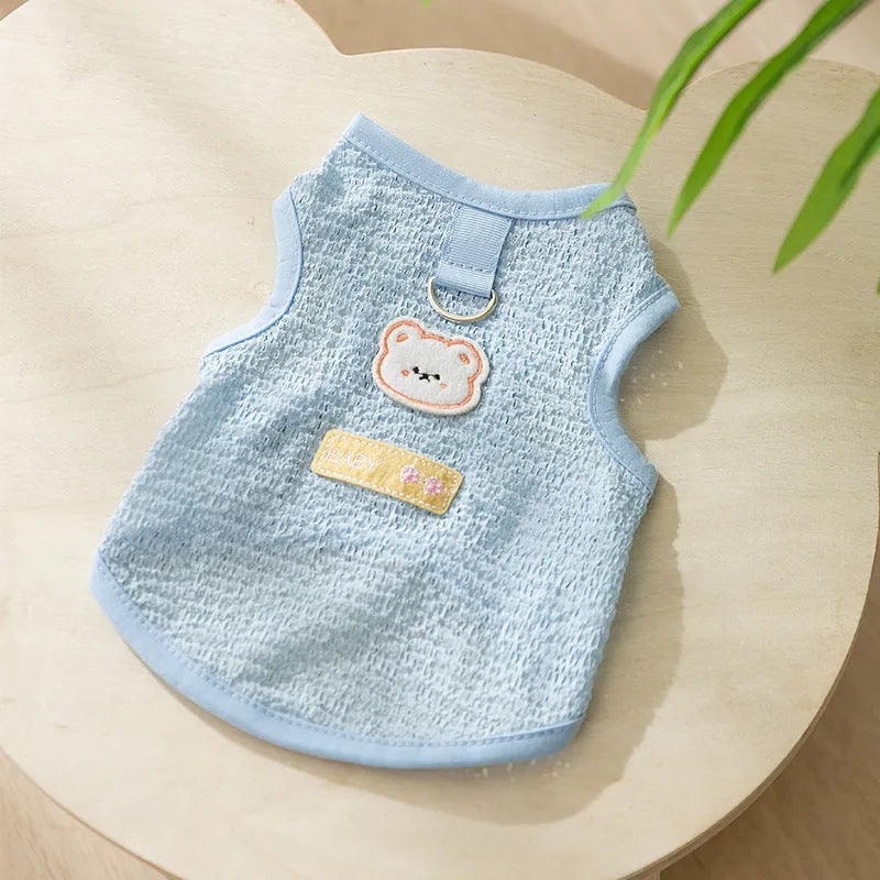 Breathable knitted cat costume with bear patch in blue, green, or yellow colours