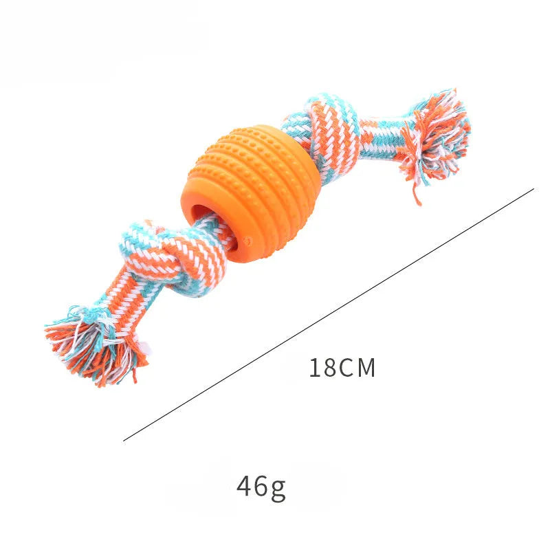 Blue dog chew toy with integrated rope strands for dental cleaning and play.