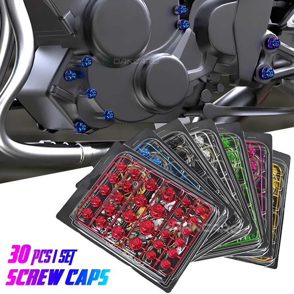 Motorcycle engine screw cover set with 30 ABS plastic caps in eight colour options