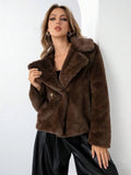 Women's loose-fit faux fur coat in rose red, shown with regular sleeves and a 50cm length.