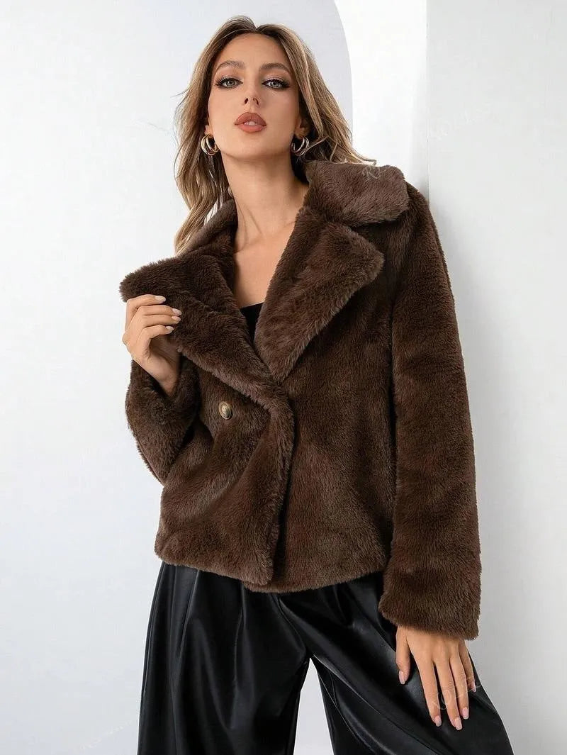 Women's loose-fit faux fur coat in rose red, shown with regular sleeves and a 50cm length.