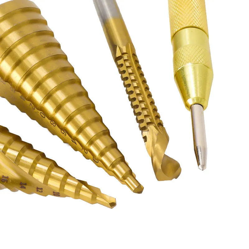 High speed steel step drill bits and centre punch set for metal drilling applications