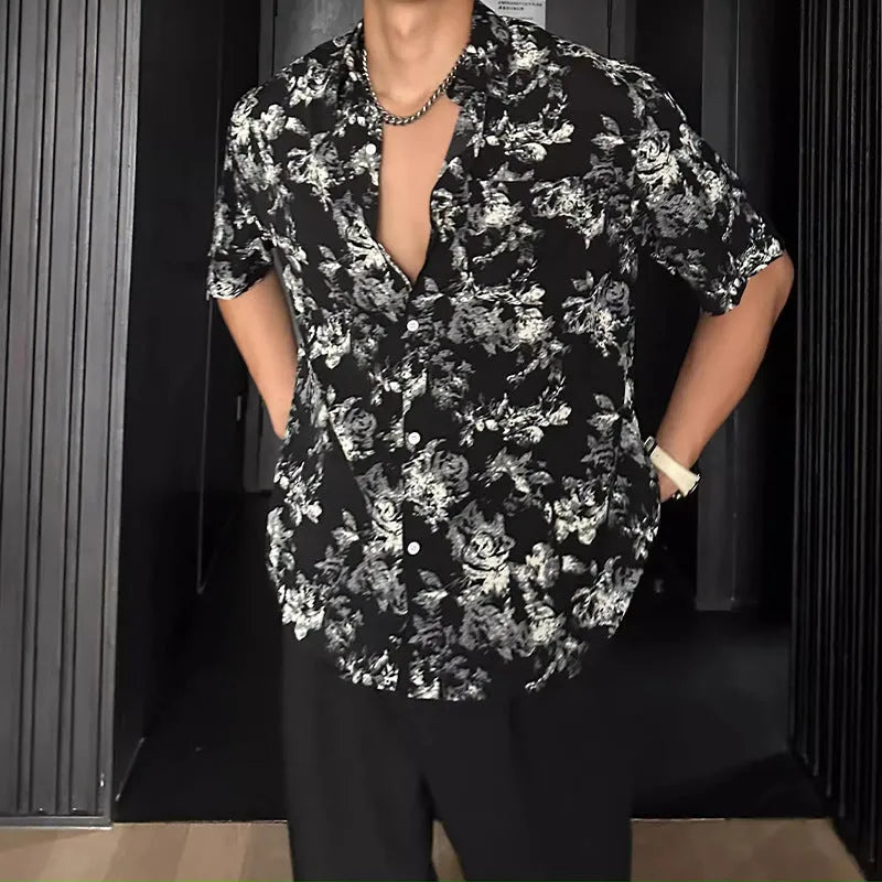 Printed floral pattern short sleeve shirt in loose cardigan style