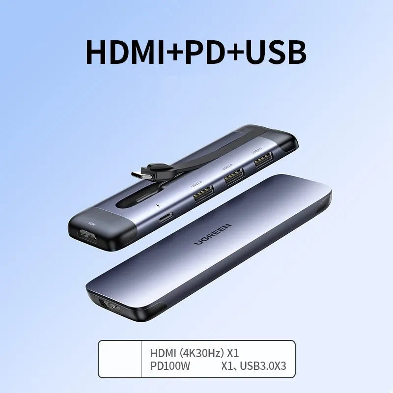USB-C docking station hub showing HDMI port, USB 3.0 ports, and compact 0.09m design