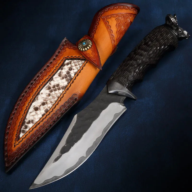 Black Goat high hardness steel straight knife with 200mm blade and black finish on neutral background