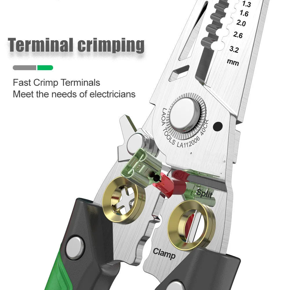 Stainless steel wire stripper tool with seven labelled stripping ports and two-colour handle