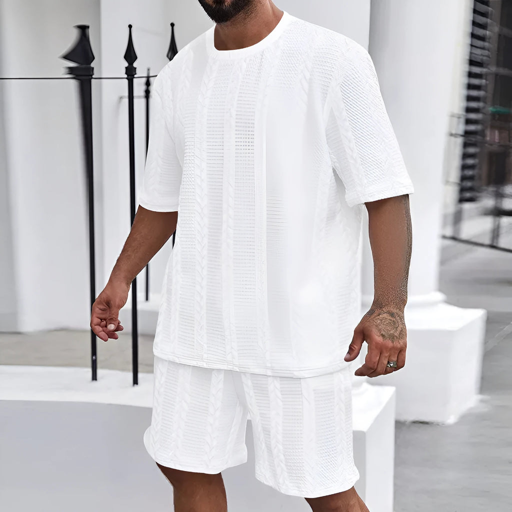 Men's knitted jacquard short sleeve pullover and matching shorts summer set on a hanger