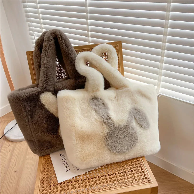 Plush shoulder bag with cartoon rabbit ears in solid colour with large capacity