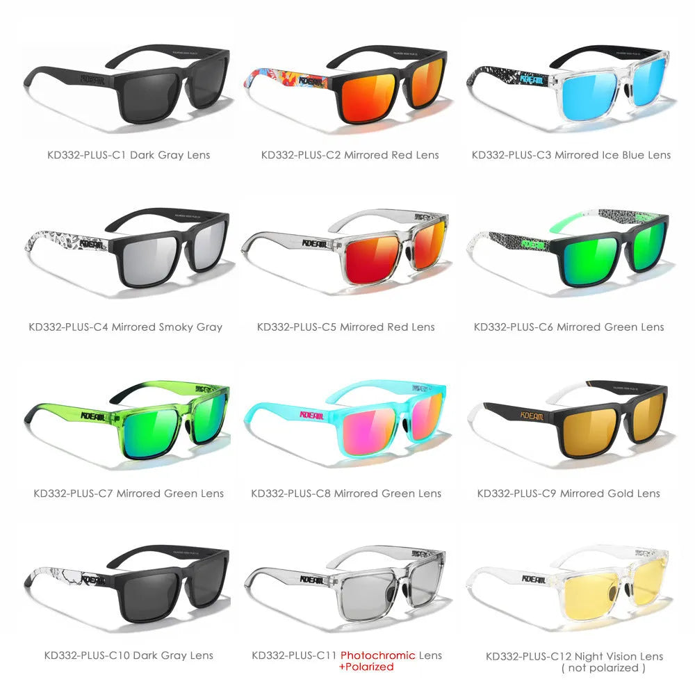 Square hip hop style sunglasses with polarised lenses in a colour from the PLUS-C range