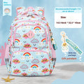 Children's blue dinosaur print waterproof school backpack with curved straps on a white background.