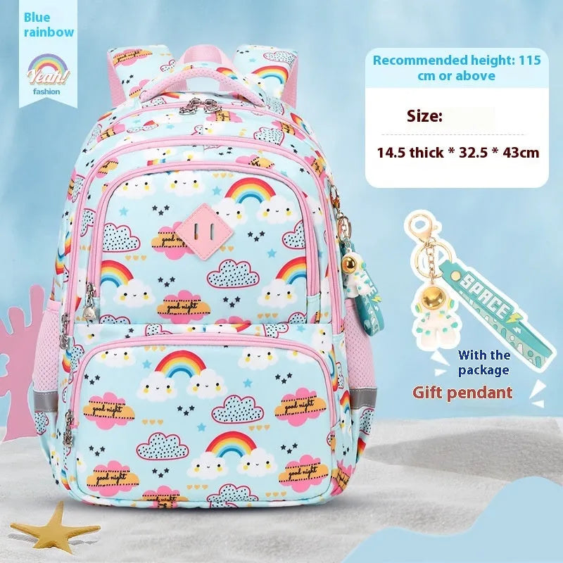 Children's blue dinosaur print waterproof school backpack with curved straps on a white background.