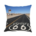 Square linen cushion cover with a printed Route 66 landscape design, shown in one of six colour options.