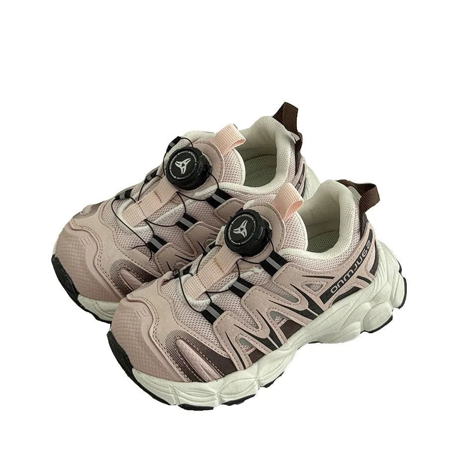 Girls' casual shoes with PU leather mesh upper in black, beige or pink colours on solid background