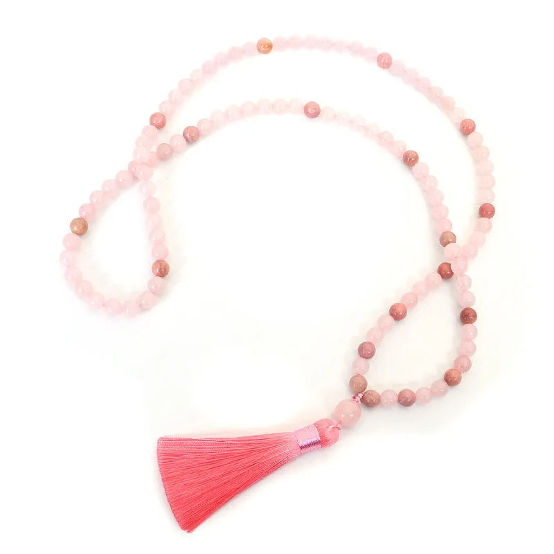 Stone bead yoga necklace and bracelet set with long fringe drop pendant on adjustable ball chain